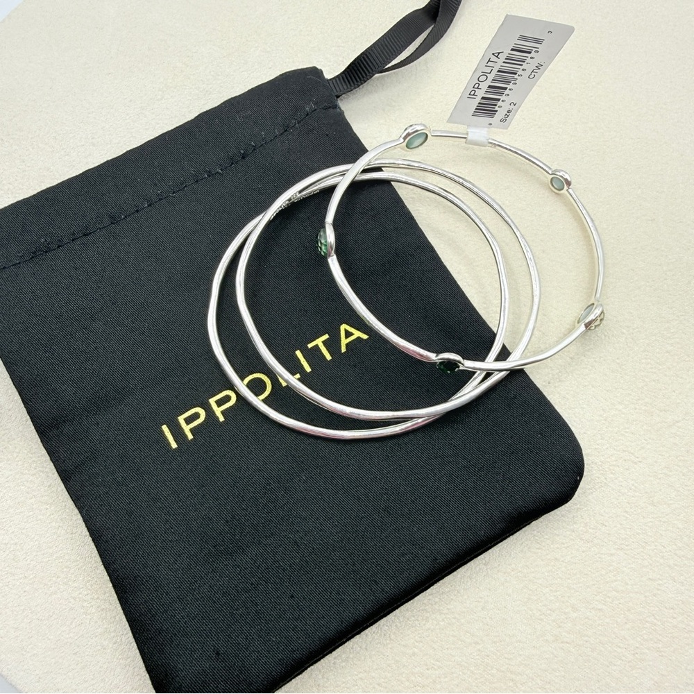 Ippolita Sterling Silver 3 Bangle Set Green Stone Stackable Jewelry Size 2